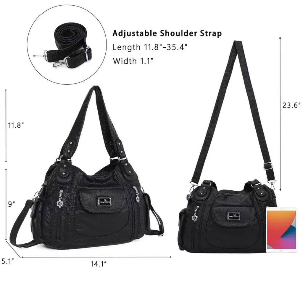 Women's Large Faux Leather Multipocket Hobo Satchel(14.2" x 4.8" x 9.5") - Adjustable Strap Lightweight Convertible Shoulder Bag, Cross Body Bag, Handbag, Purse, Everyday Tote, Cross Body Bags