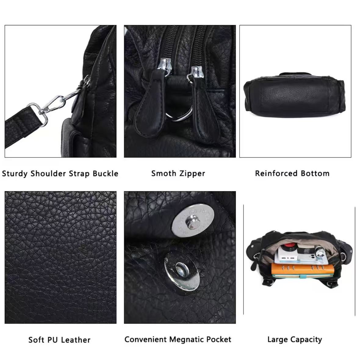 Women's Large Faux Leather Multipocket Hobo Satchel(14.2" x 4.8" x 9.5") - Adjustable Strap Lightweight Convertible Shoulder Bag, Cross Body Bag, Handbag, Purse, Everyday Tote, Cross Body Bags
