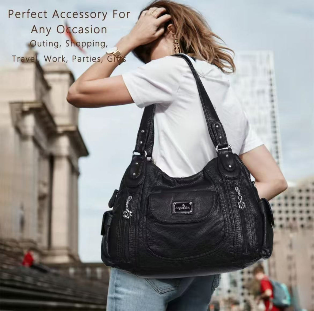 Women's Large Faux Leather Multipocket Hobo Satchel(14.2" x 4.8" x 9.5") - Adjustable Strap Lightweight Convertible Shoulder Bag, Cross Body Bag, Handbag, Purse, Everyday Tote, Cross Body Bags